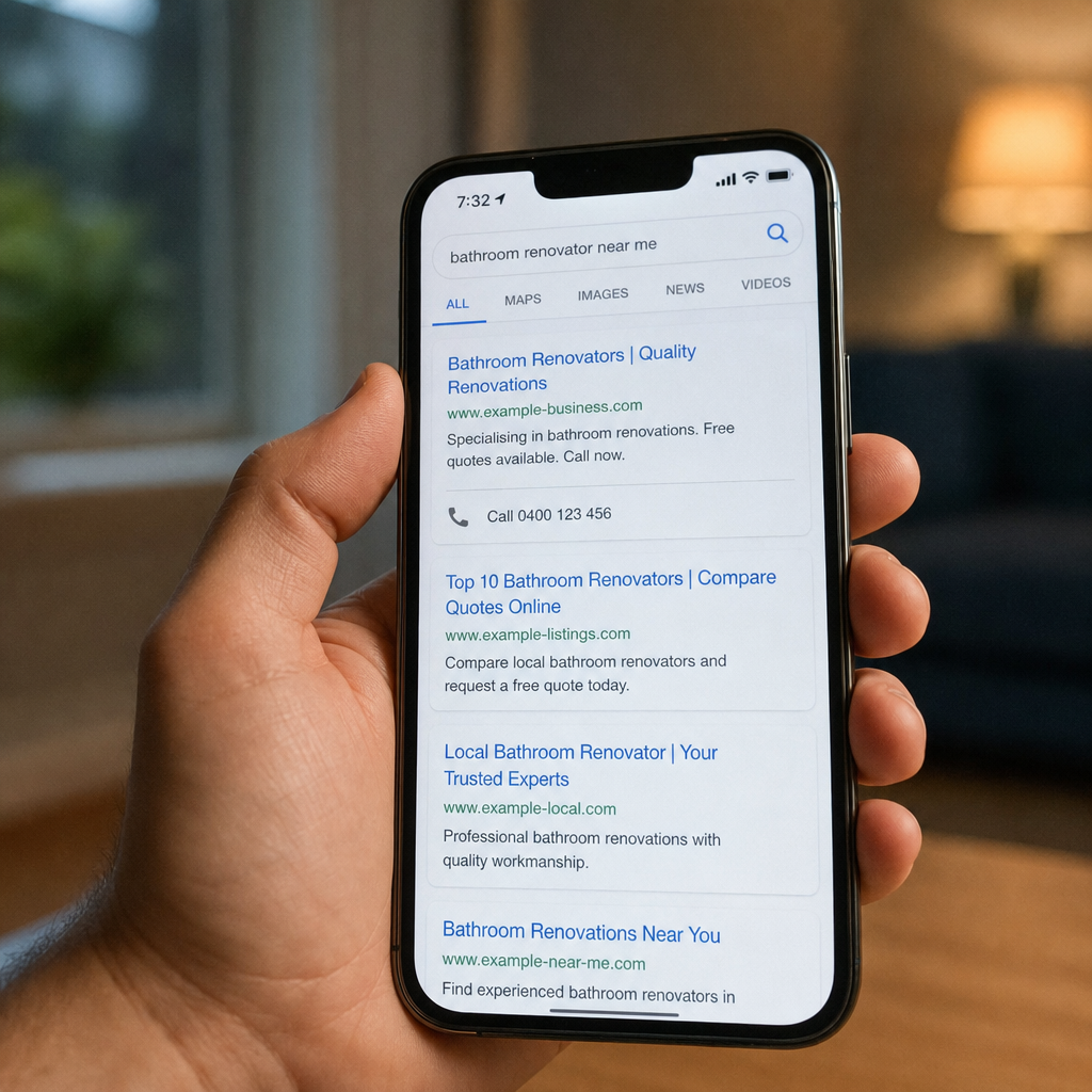 A close-up of a phone screen showing search results, hand visible, blurred living room bac