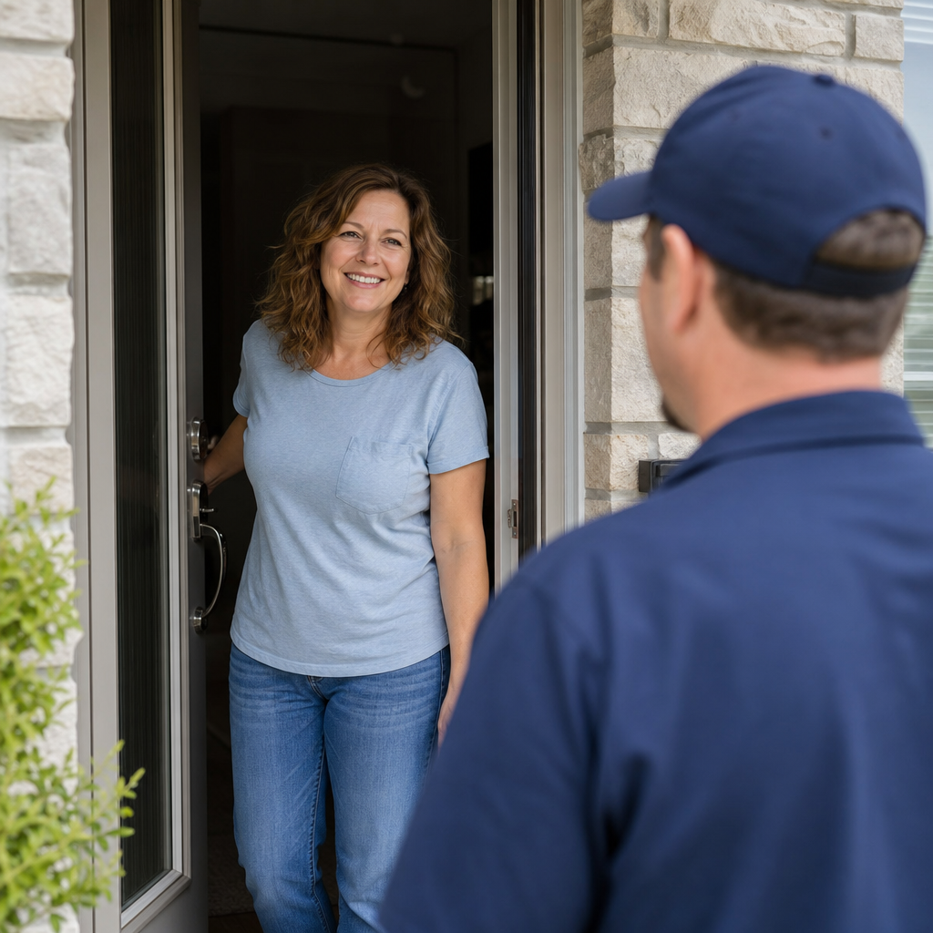 A homeowner opening her front door with a relaxed welcoming smile to a technician on the p