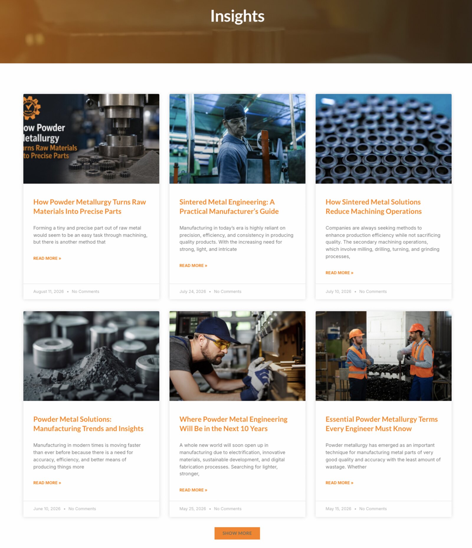 Insights article grid on the VSP website showing powder metallurgy blog posts