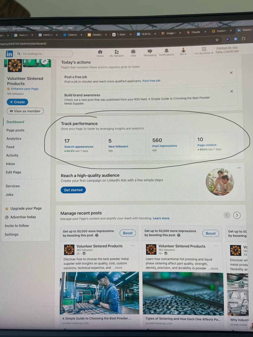 LinkedIn page analytics for Volunteer Sintered Products showing 17 search appearances up 54.5%, 5 new followers, 560 post impressions, and 10 page visitors up 900% over seven days