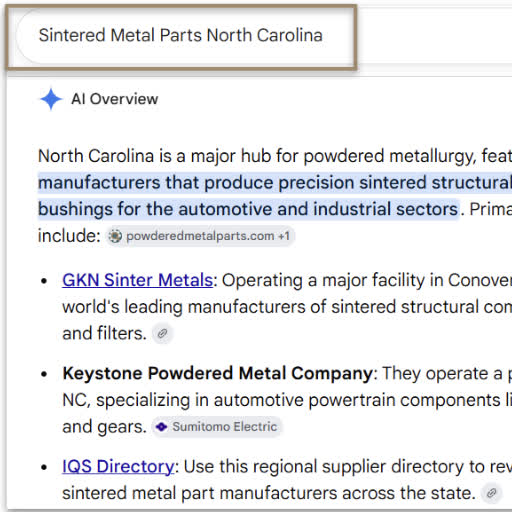 Google AI Overview result for sintered metal parts North Carolina listing suppliers and the IQS Directory
