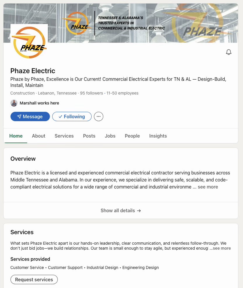 Phaze Electric LinkedIn profile with tagline, overview, and services written in one brand voice
