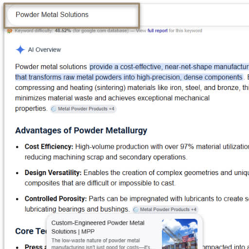 Google AI Overview result for the search powder metal solutions