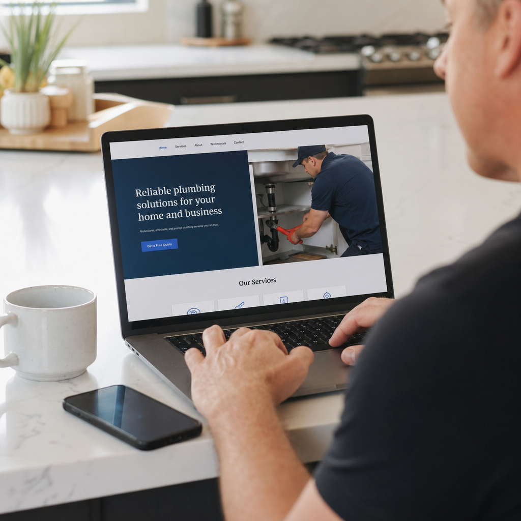 A laptop screen showing a clean professional generic website for a service business, kitch