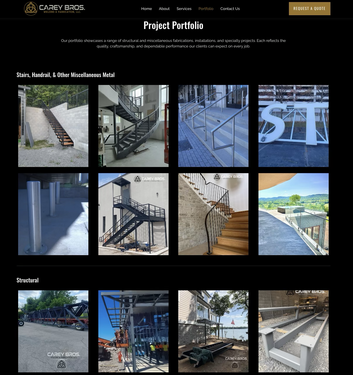 Carey Bros. project portfolio grid of stairs, handrails, miscellaneous metal, and structural steel jobs