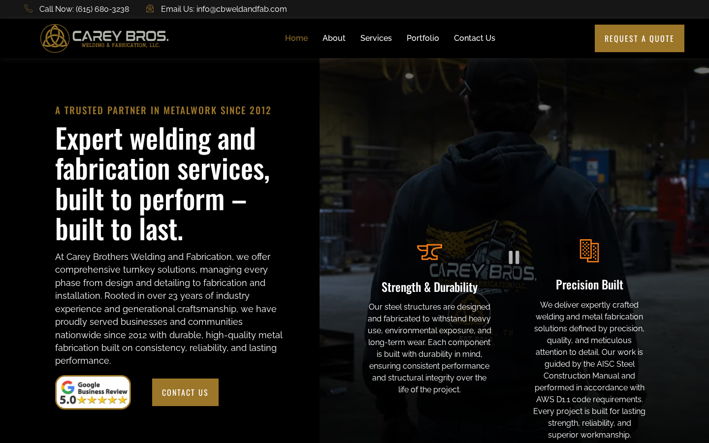 Carey Brothers Welding & Fabrication home page presenting the Hartsville, Tennessee structural steel fabricator
