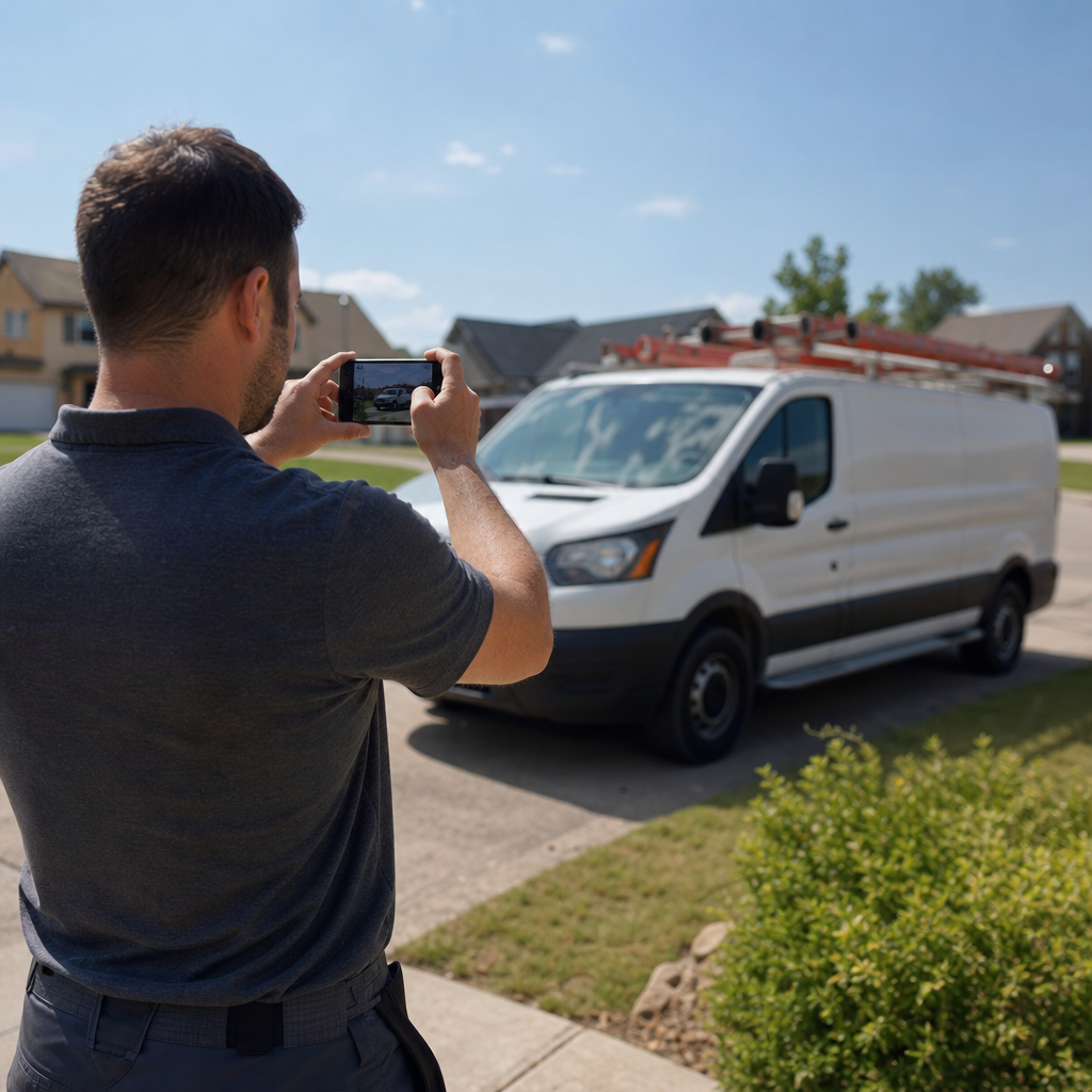 An HVAC technician taking a photo of his work van with his phone in a customer's driveway,