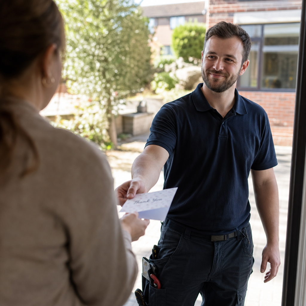 A plumber thanking a customer at their front door, handing a friendly thank-you card, dayt