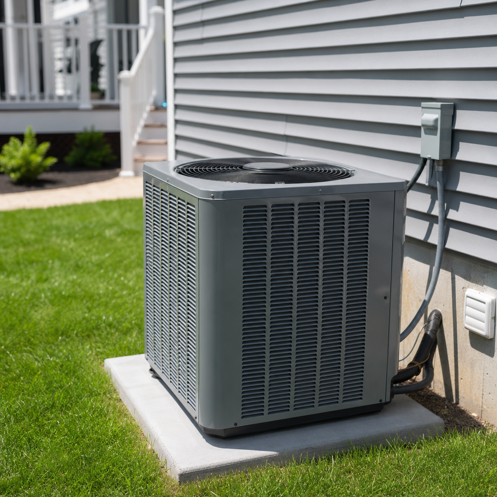 A close-up of a clean new HVAC condenser unit installed beside a suburban home, green gras