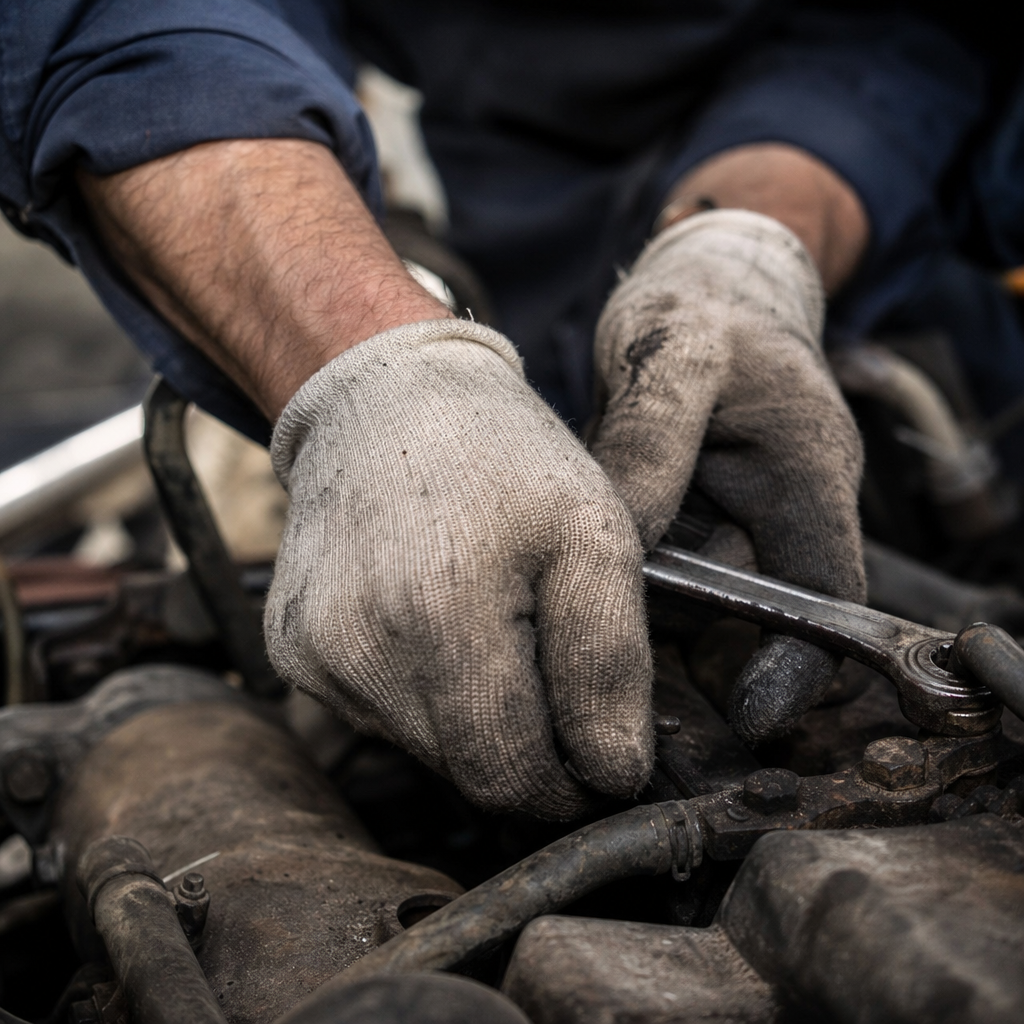 A close-up of a technician's dirty work gloves holding a wrench during a real repair, grit