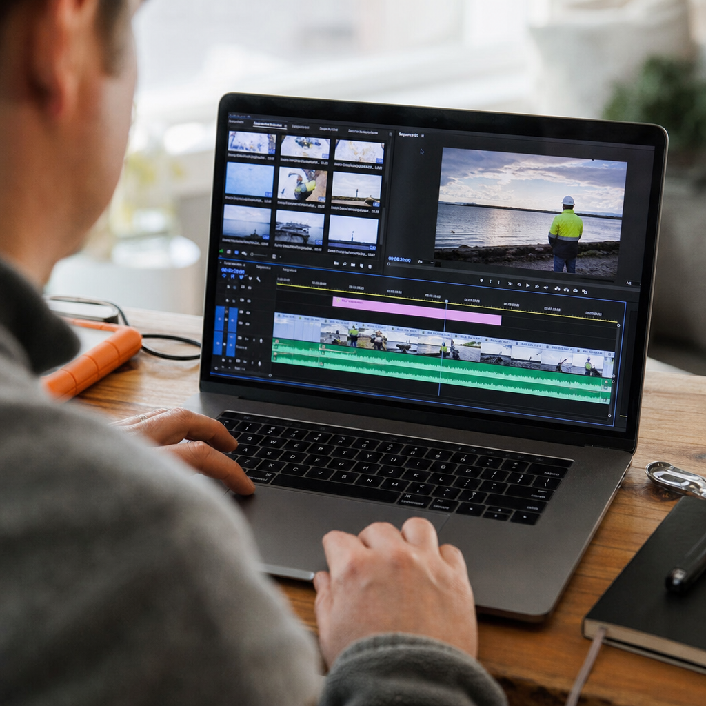 A close-up of an editing timeline on a laptop screen with video clips, hands on keyboard,