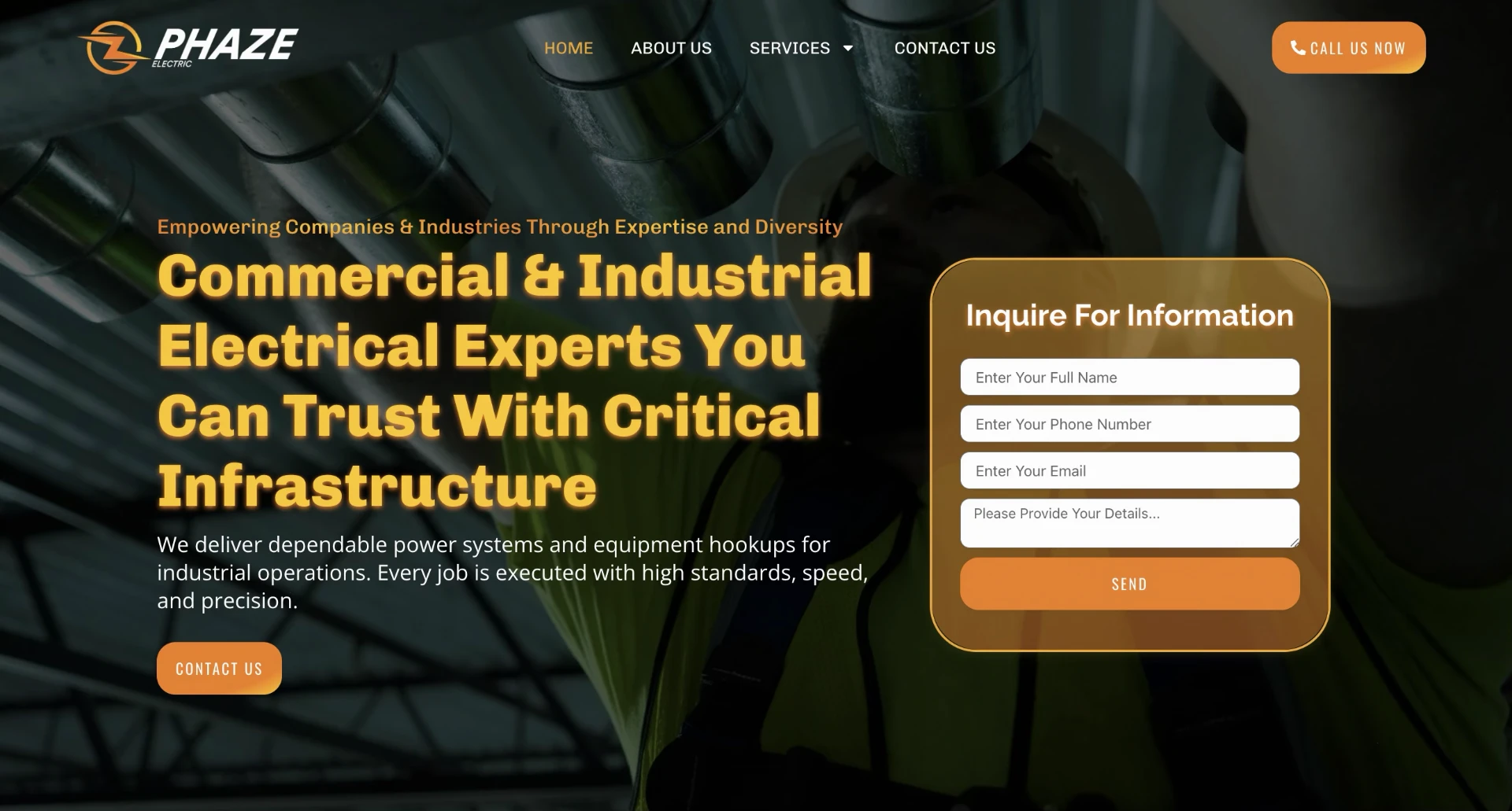 Phaze Electric home page with a full-width job site video background, headline about commercial and industrial electrical work, and an inquiry form