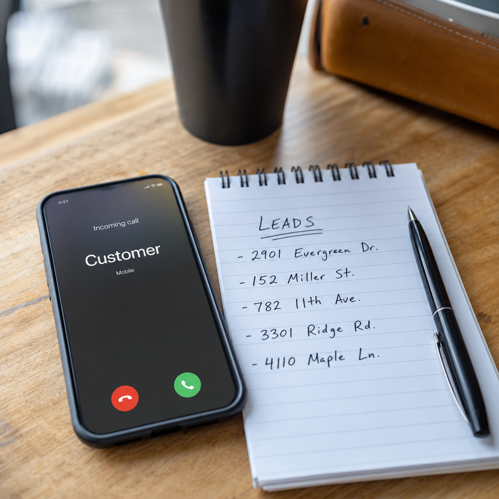 A close-up of a phone ringing on a wooden desk next to a notepad with handwritten leads, p
