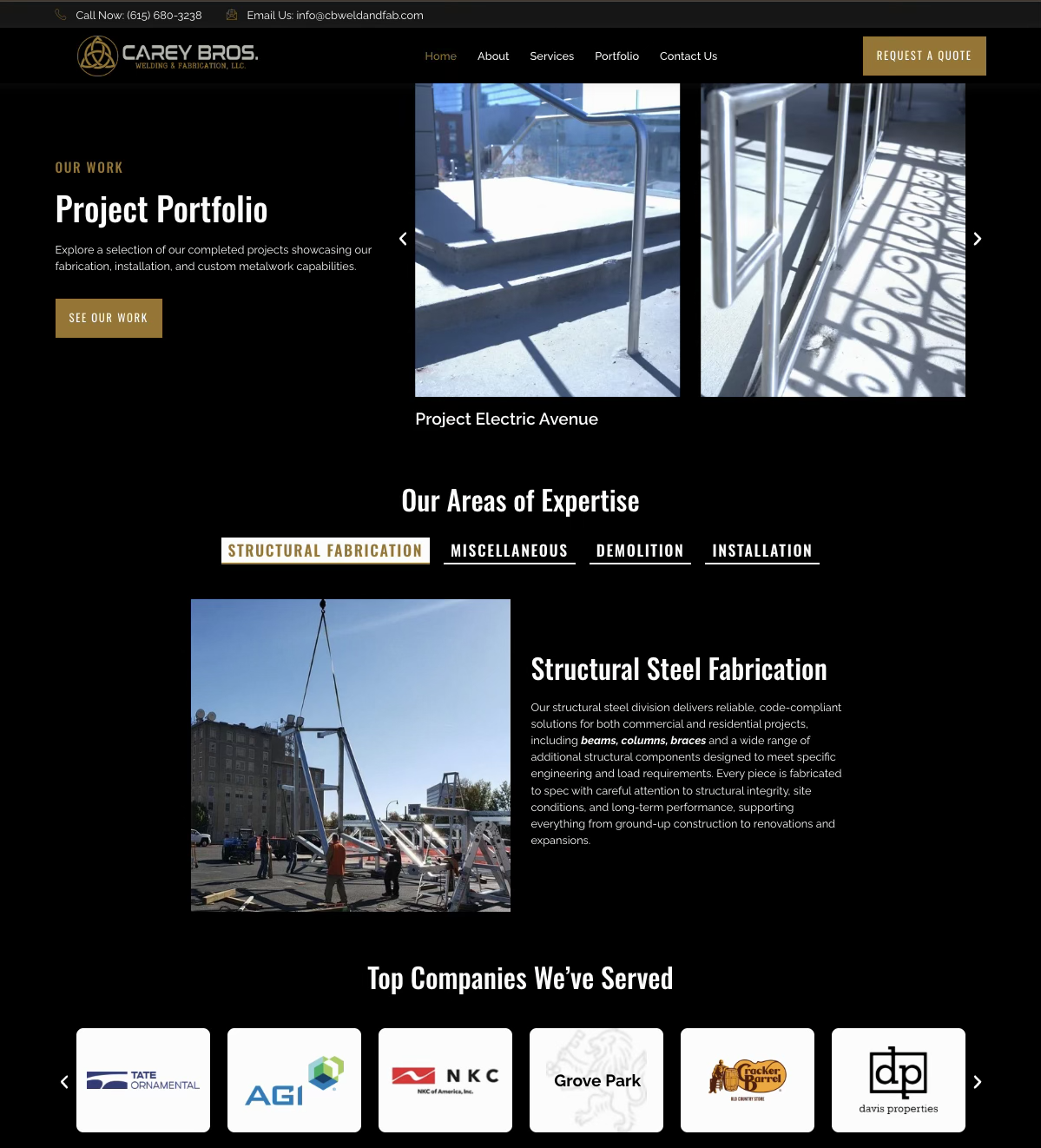 Carey Bros. site sections showing a project portfolio slider, areas of expertise tabs for structural fabrication, miscellaneous, demolition, and installation, and logos of top companies served