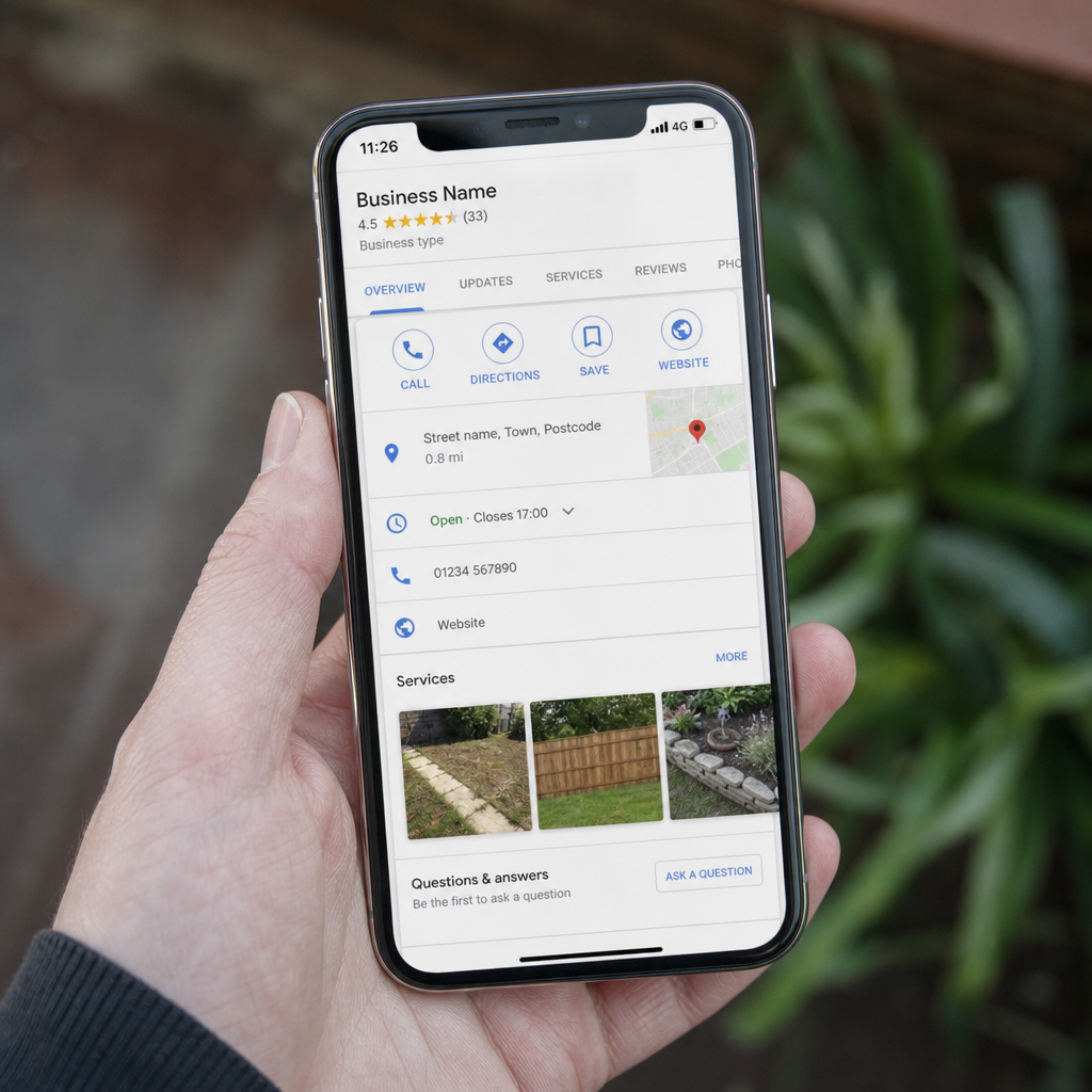 A close-up of a phone showing a generic local business listing with thumbnail images, hand