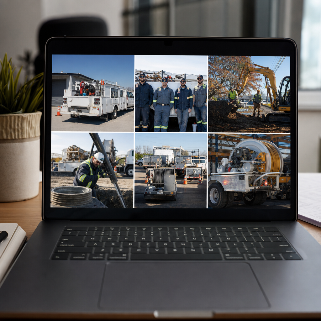 A grid of crisp clean photos on a laptop screen showing a service truck, crew, job site, a