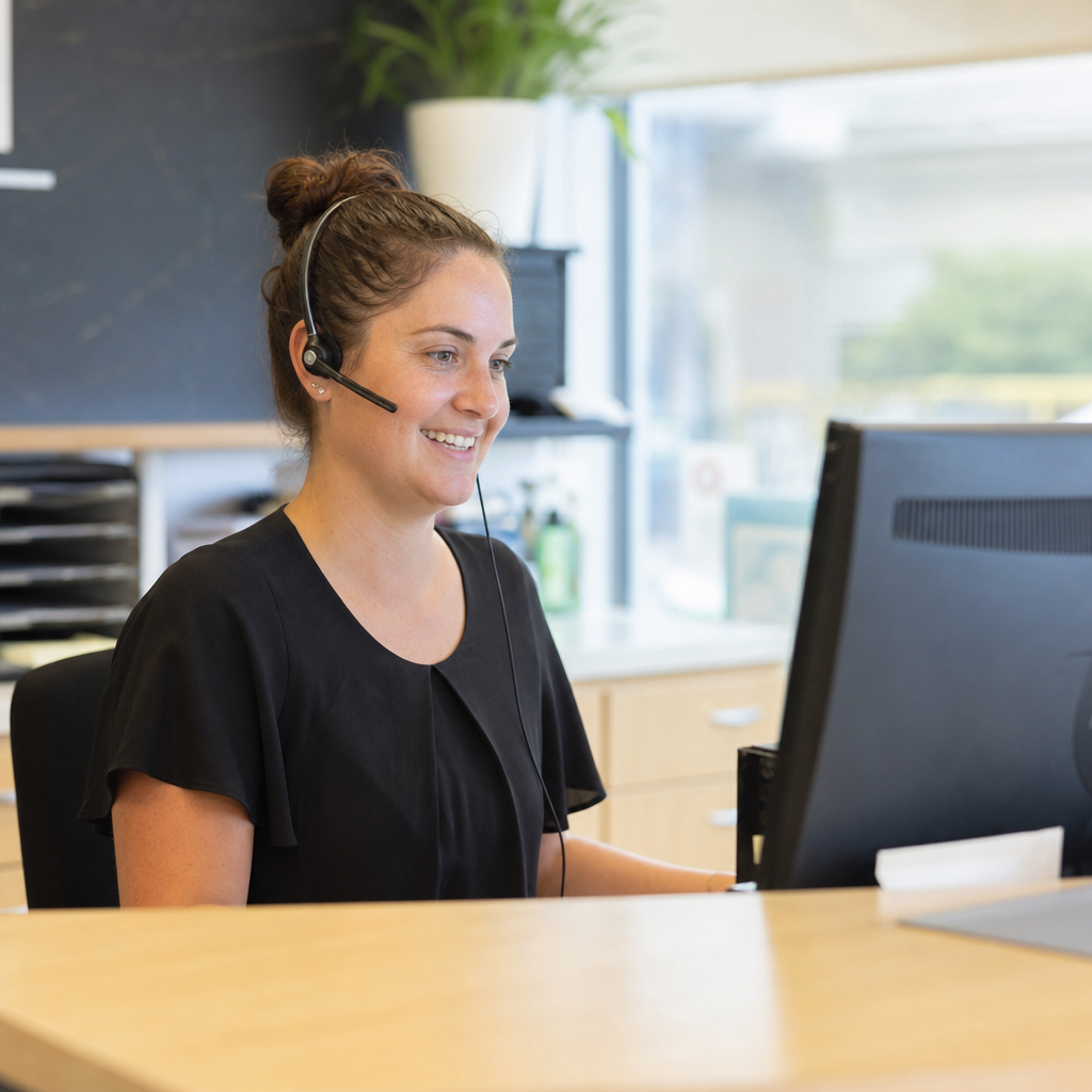 A receptionist at a tidy office desk speaking on a headset with a friendly smile, computer