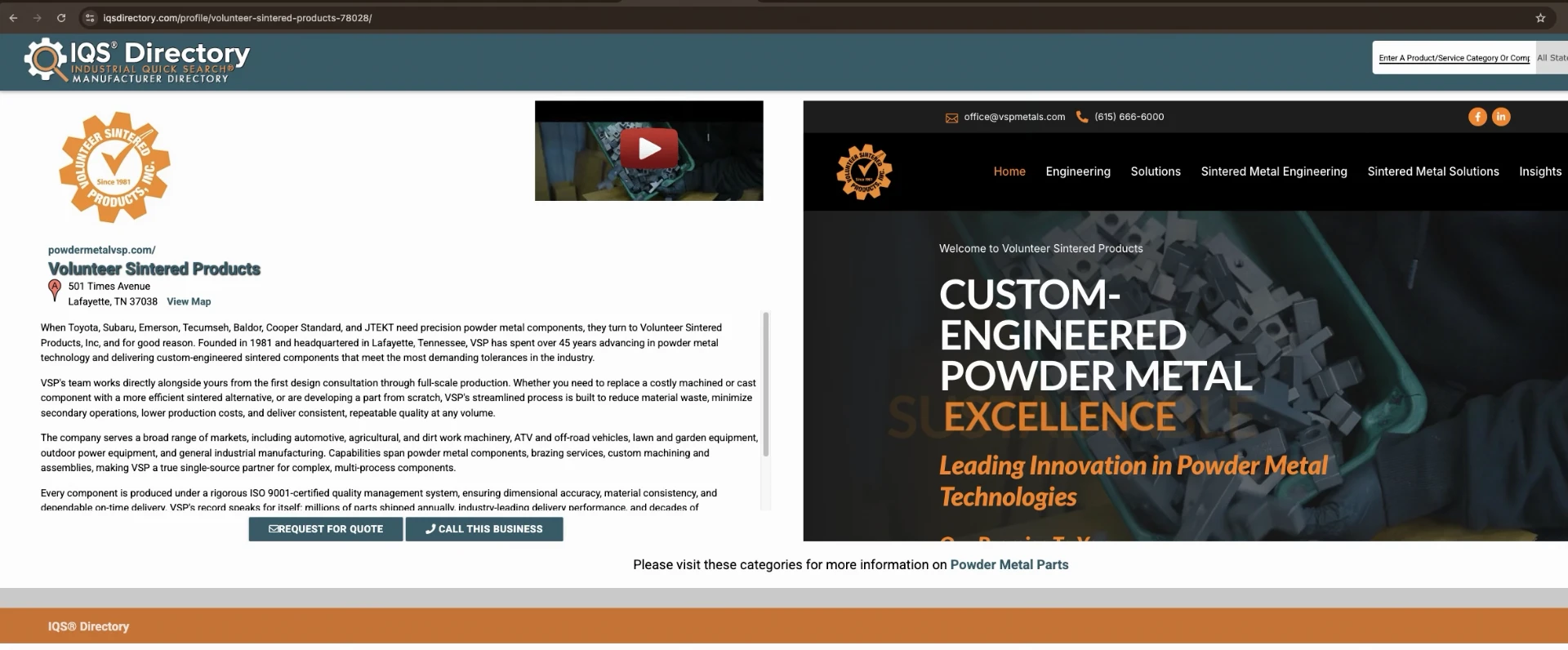 IQS Directory manufacturer profile page for Volunteer Sintered Products showing company overview, video, logo, and request for quote buttons
