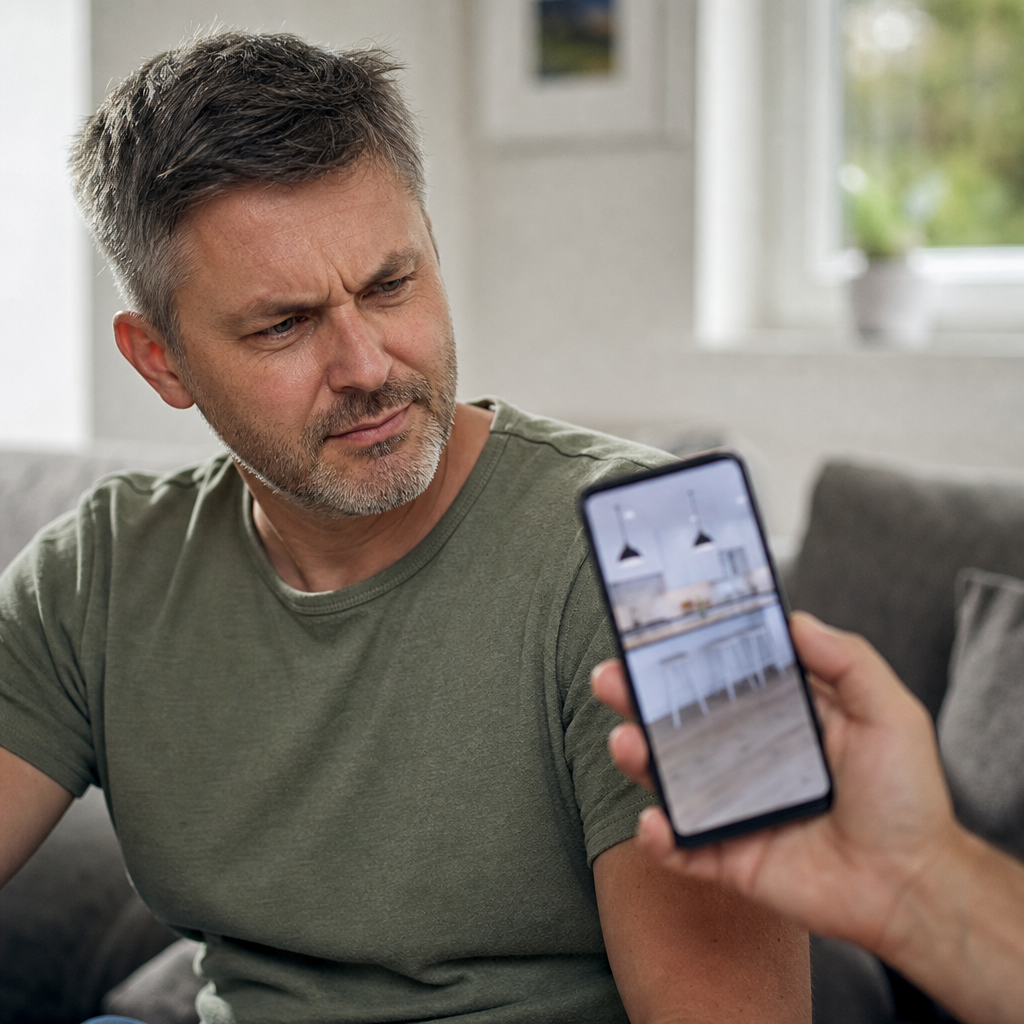 A homeowner looking skeptically at a phone screen showing an obviously fake polished stock