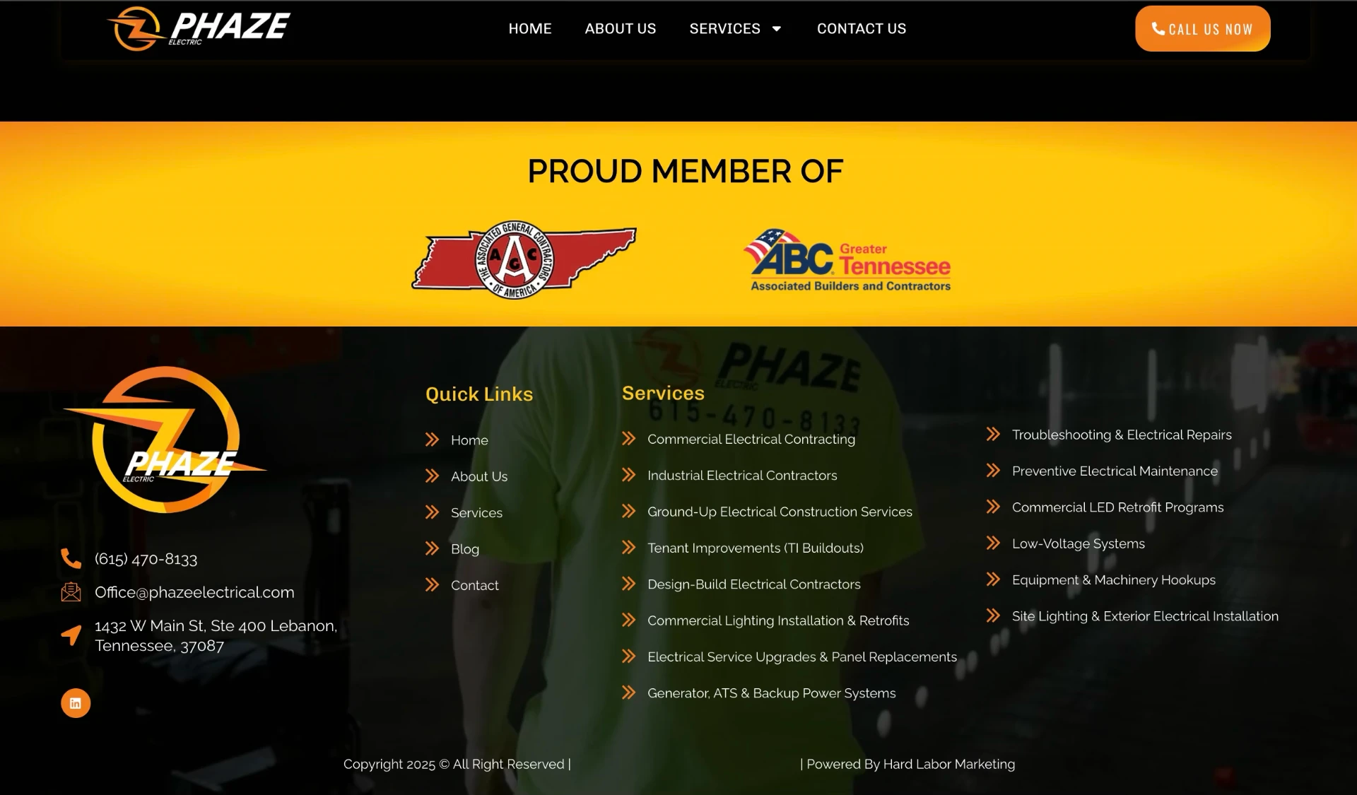 Phaze Electric footer with AGC of Tennessee and ABC Greater Tennessee membership logos, contact details, service links, and the Powered By Hard Labor Marketing credit