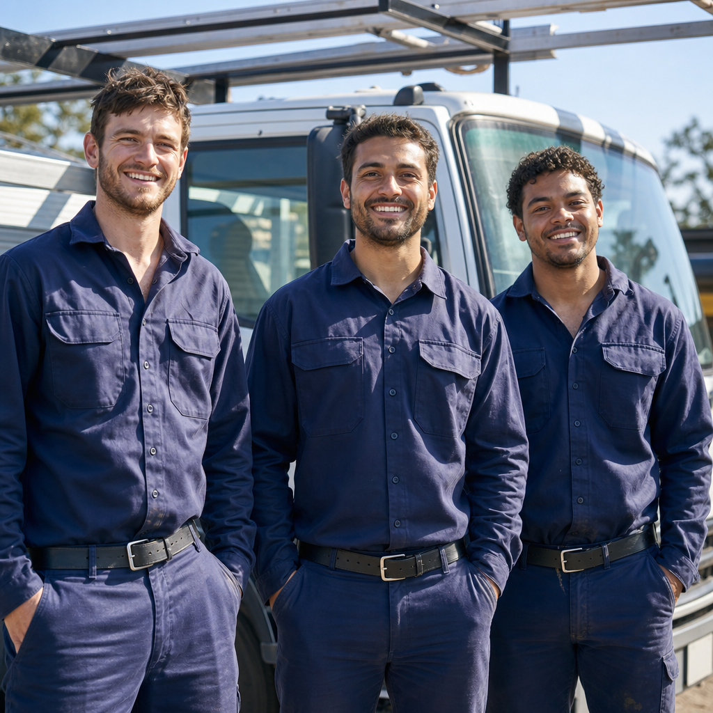Three trades workers standing in a row in matching uniforms, friendly expressions, in fron