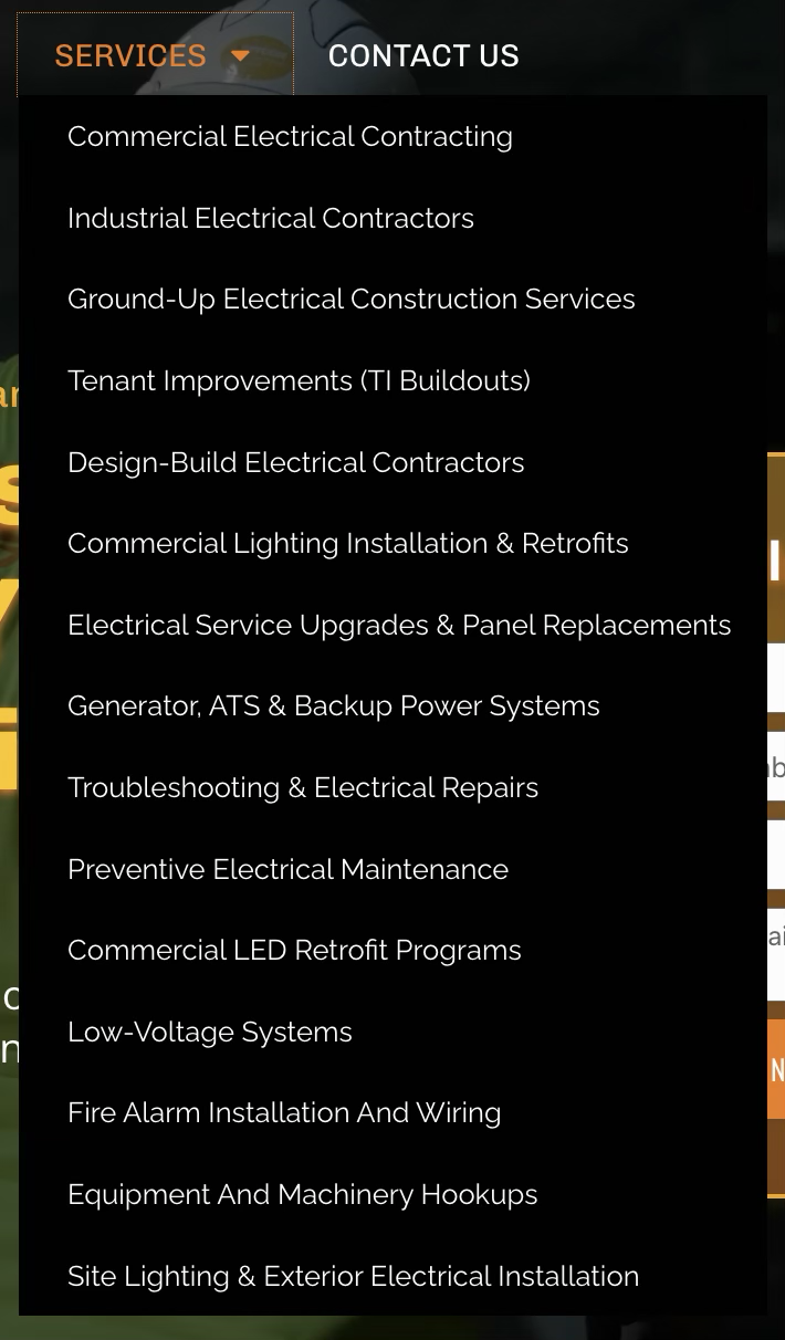 Phaze Electric services navigation menu listing 18 individual commercial and industrial electrical service pages