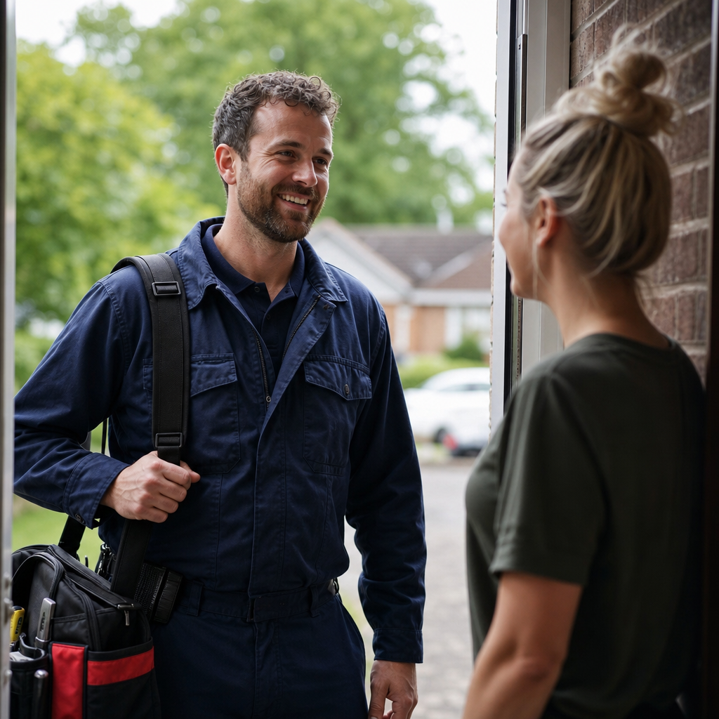 A plumber speaking warmly to a homeowner at their front door, both smiling, candid composi