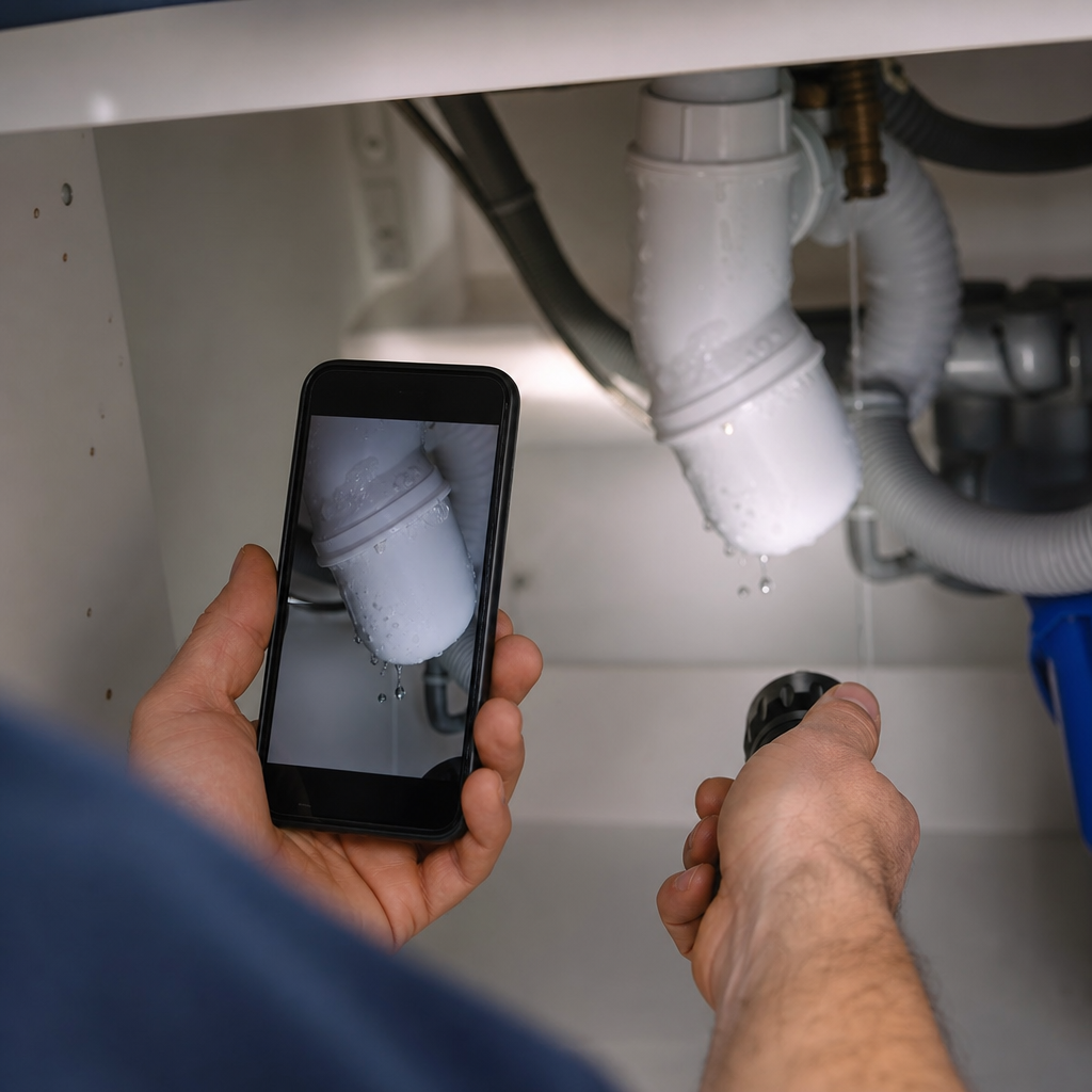 A plumber's hand holding a smartphone taking a before photo of a leaky pipe under a sink,