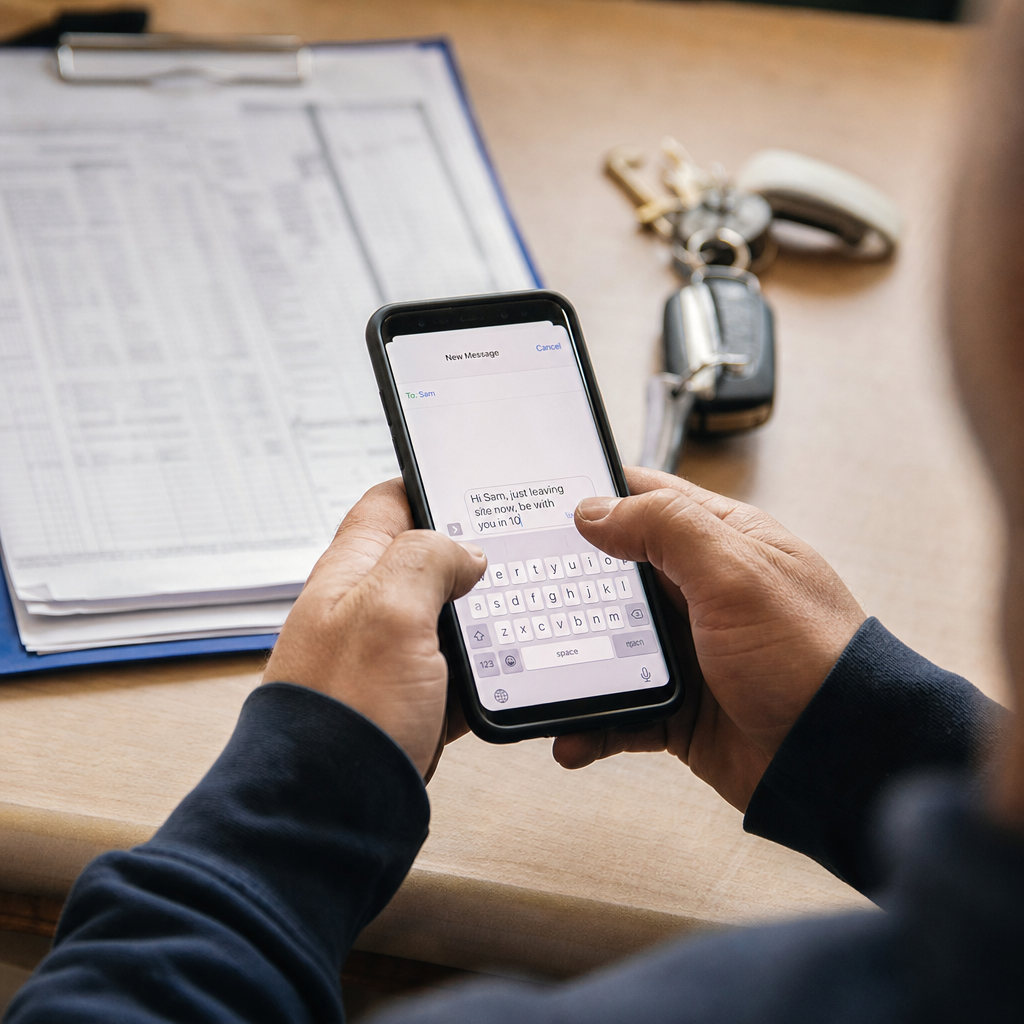 Hands typing a quick text message on a smartphone, work van keys and a clipboard nearby on