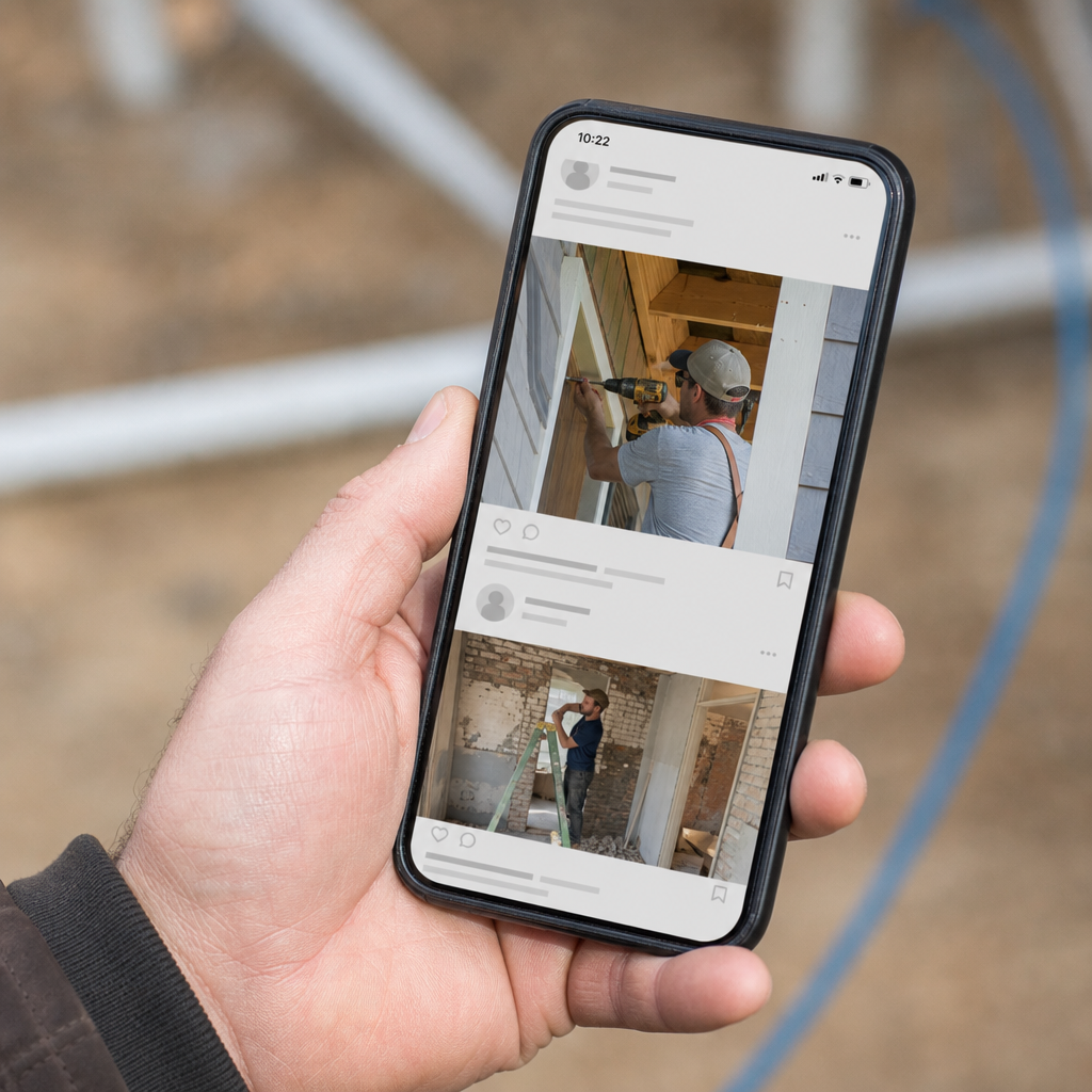 A smartphone displaying a generic social media feed of contractor job photos, hand holding