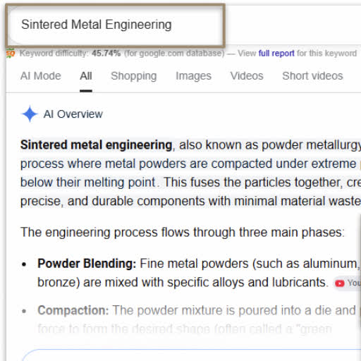 Google AI Overview result for the search sintered metal engineering