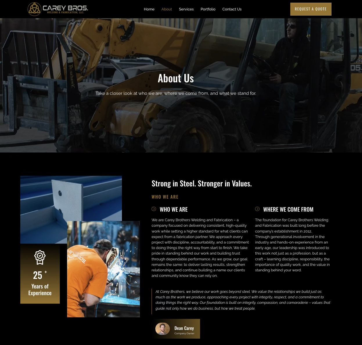 Carey Bros. About page with a shop forklift hero, 25+ years of experience badge, welder photo, and a values quote from owner Dean Carey