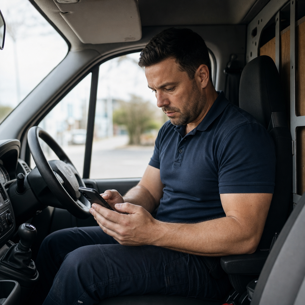 A contractor in branded uniform reviewing photos on a phone in his service van's driver se