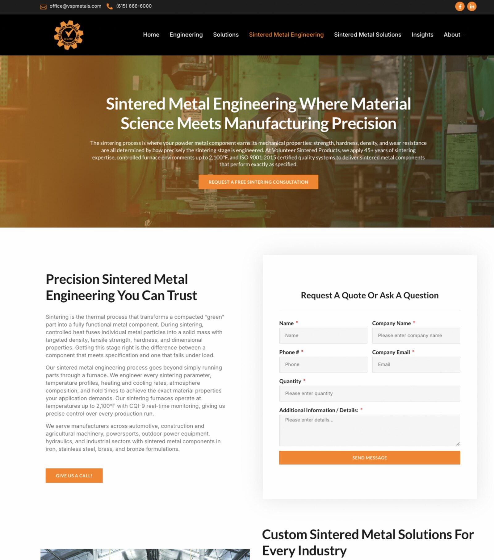 Sintered Metal Engineering landing page with a request a quote form on the VSP website