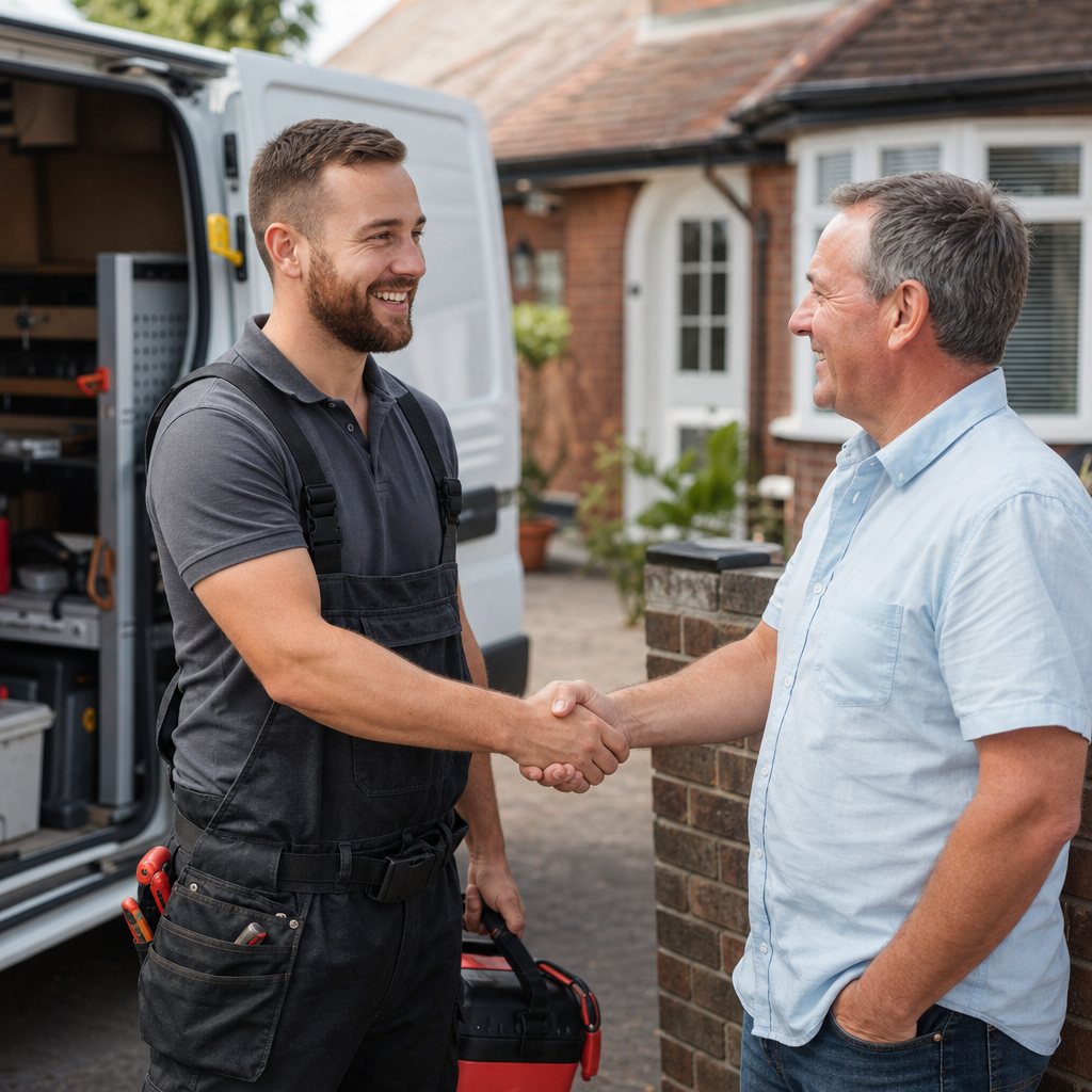 A small business owner shaking hands with a happy customer in front of their home, branded