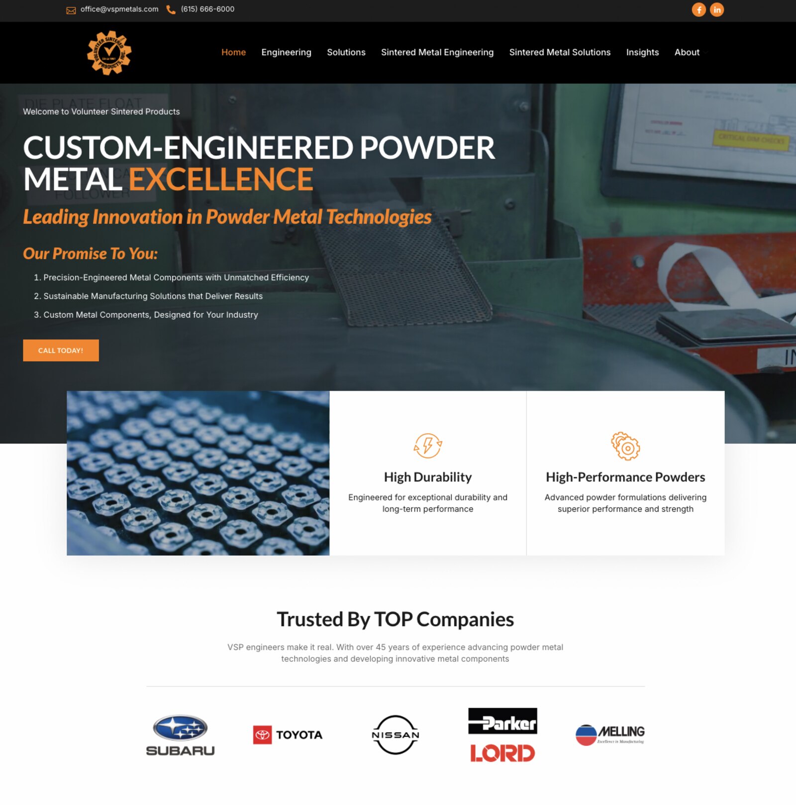 Volunteer Sintered Products homepage hero with custom-engineered powder metal headline and OEM logos