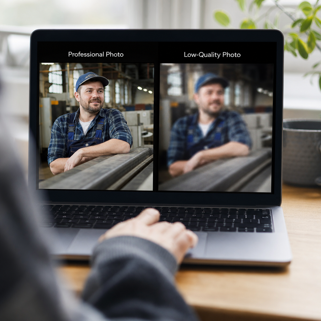 A side-by-side mockup of a professional clean photo vs a low-quality blurry photo on a lap