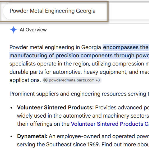 Google AI Overview result for powder metal engineering Georgia naming Volunteer Sintered Products