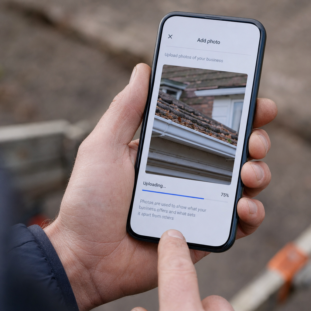 A close-up of a phone screen showing a photo being uploaded to a generic business listing