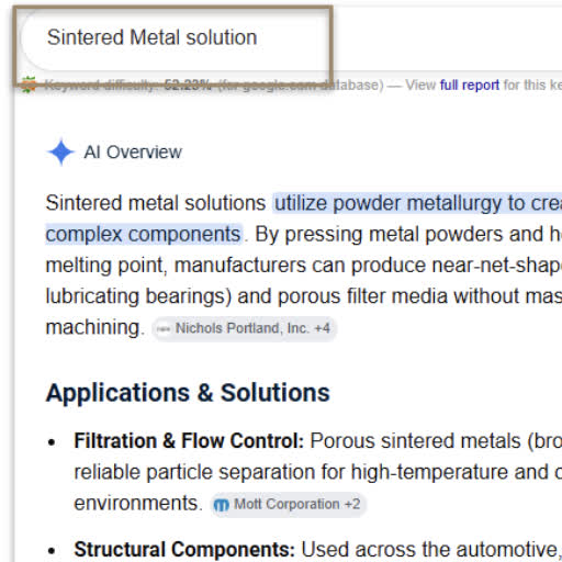 Google AI Overview result for the search sintered metal solution