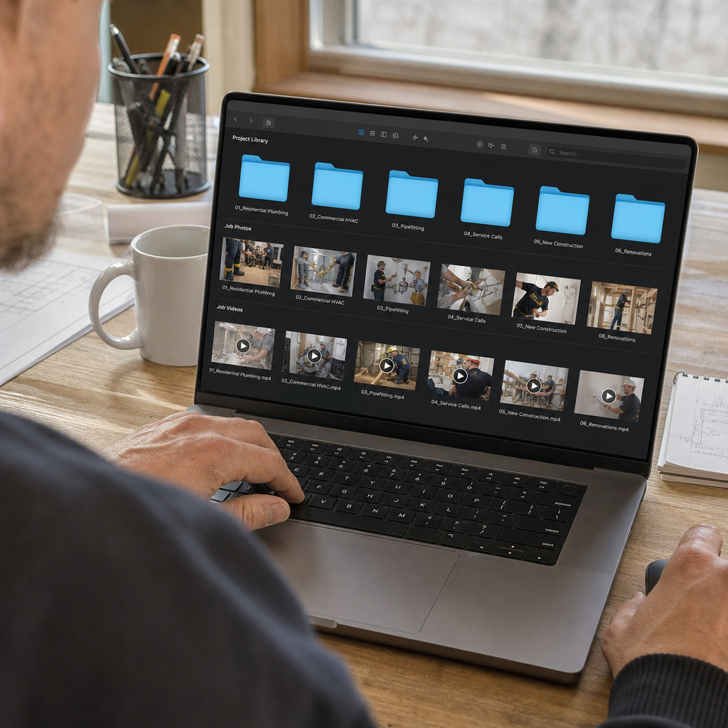 A laptop screen showing organized folders of job photos and videos, neatly labeled, daytim