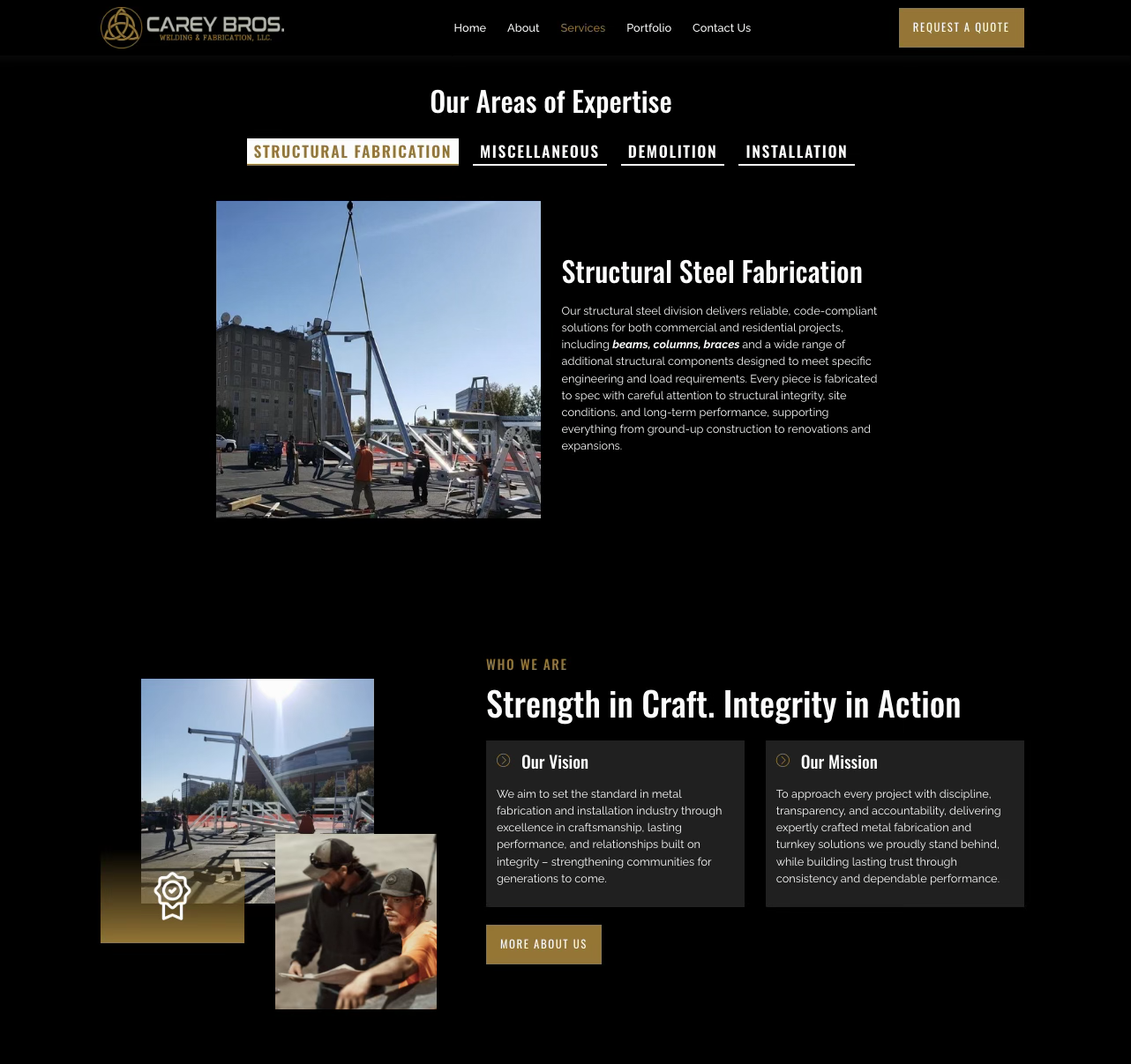 Carey Bros. services page detailing structural steel fabrication with a crane lift photo, plus vision and mission panels