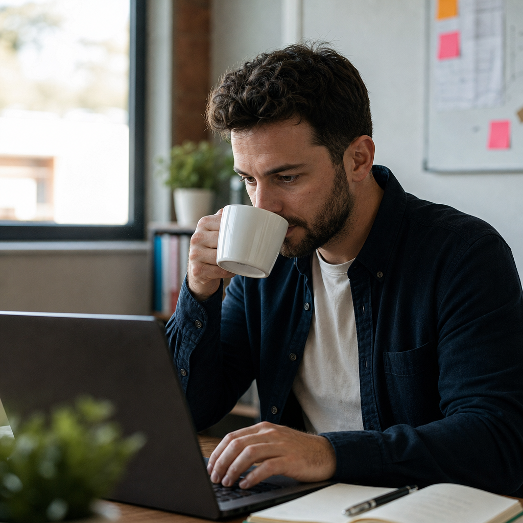 A copywriter at a laptop sipping coffee, focused expression, daylight in a small office, p