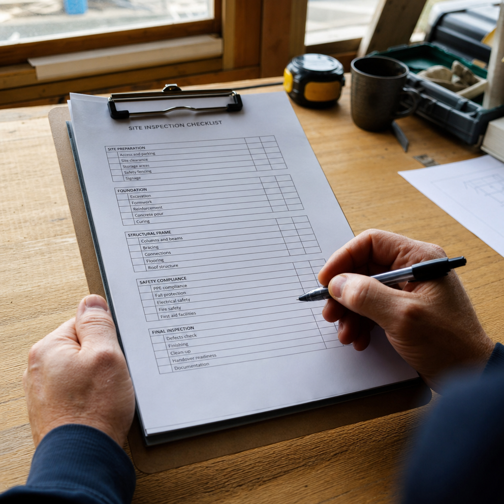 A clipboard with a printed checklist and a pen on a wooden desk, daylight from a window, p