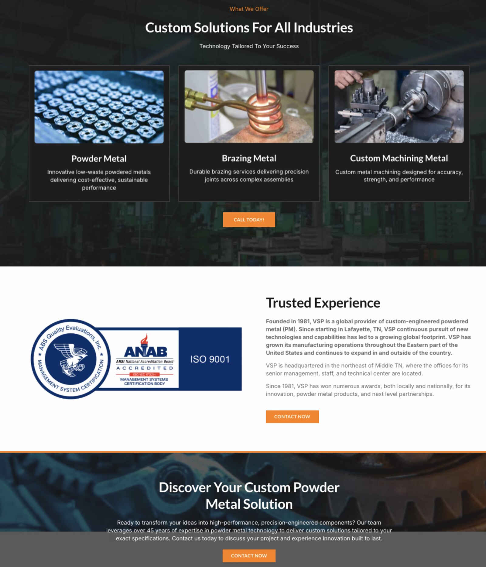 Custom solutions section and Trusted Experience block with ISO 9001 accreditation on the VSP website