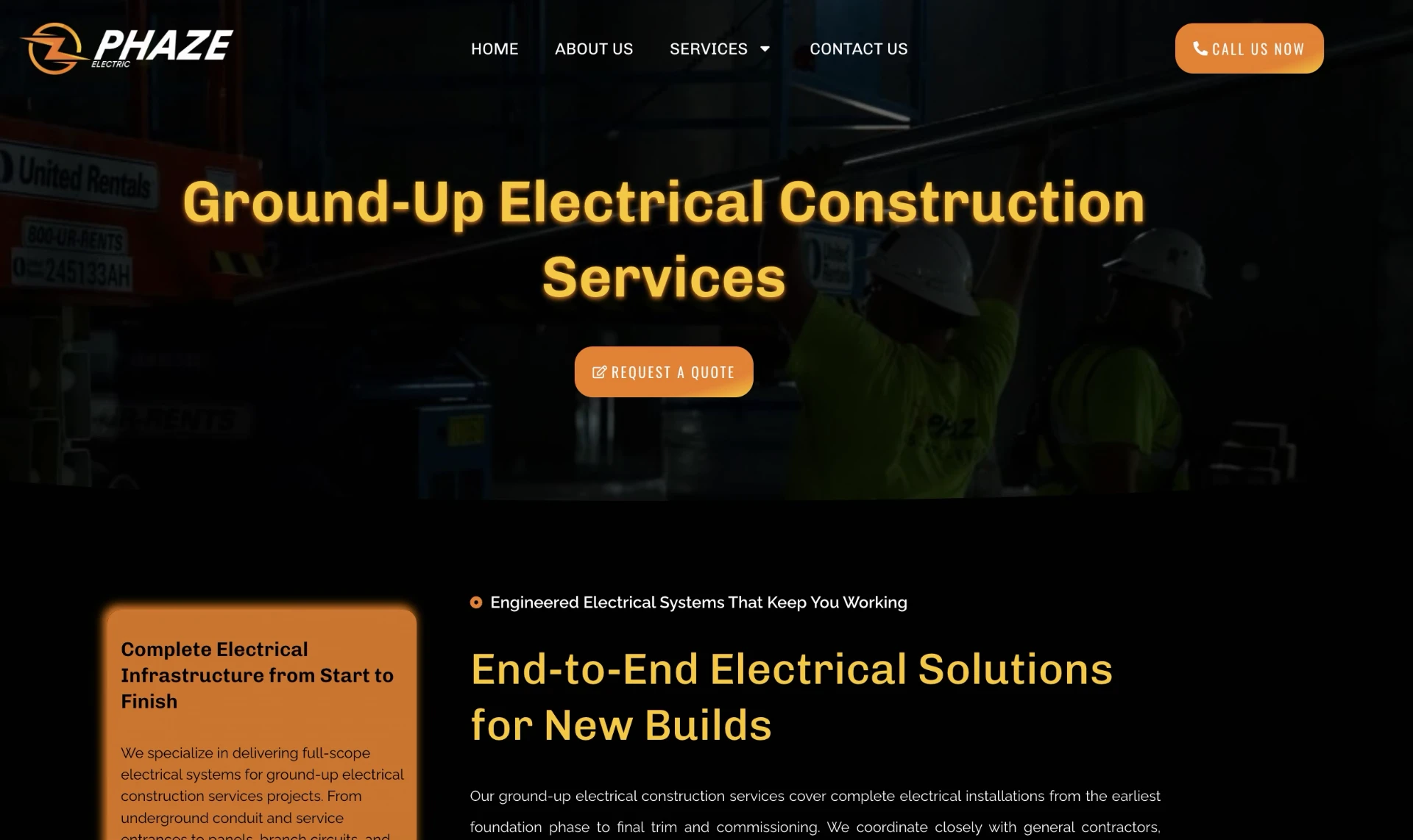 Phaze Electric ground-up electrical construction services page with its own hero, quote CTA, and detailed scope copy
