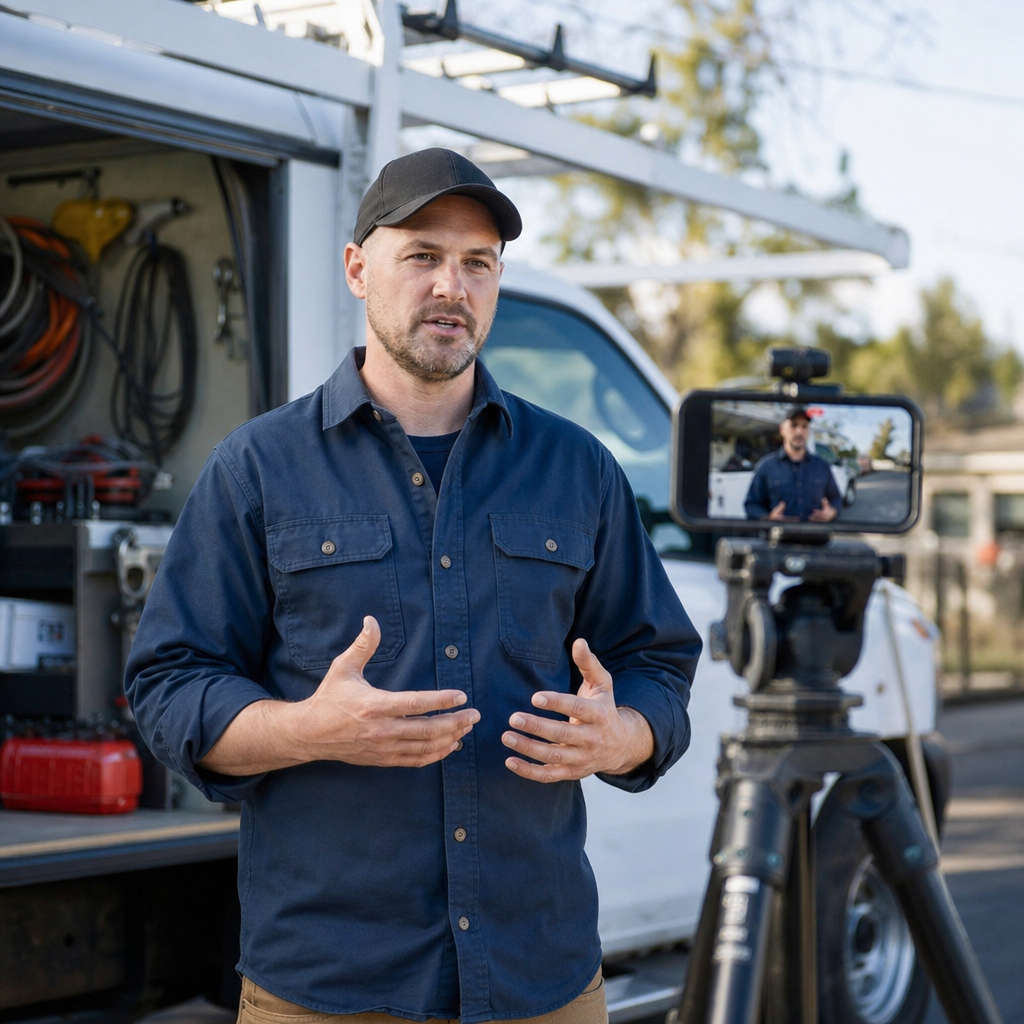 A smartphone on a tripod recording a contractor giving a short on-camera testimonial outsi