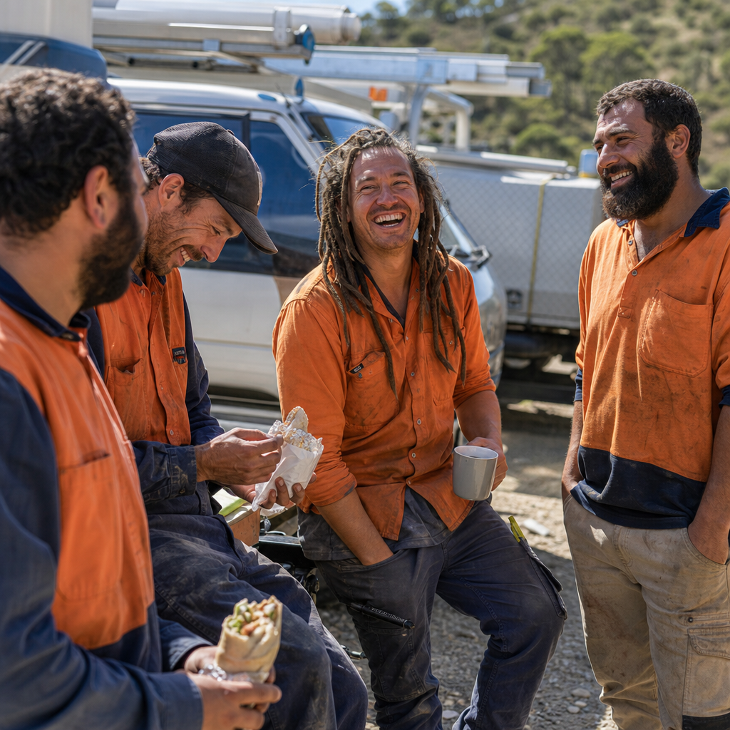 A team of trades workers laughing together during a lunch break in front of their service