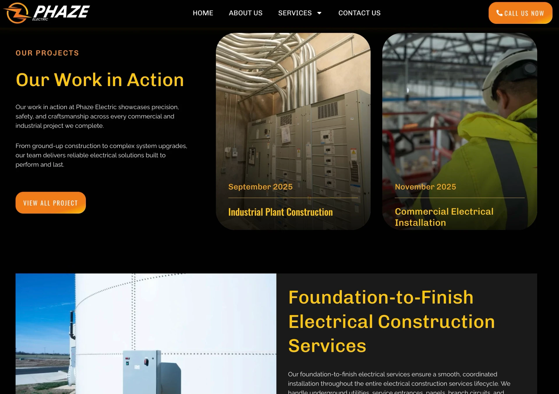 Our Work in Action section on the Phaze Electric site showing dated project cards for industrial plant construction and commercial electrical installation