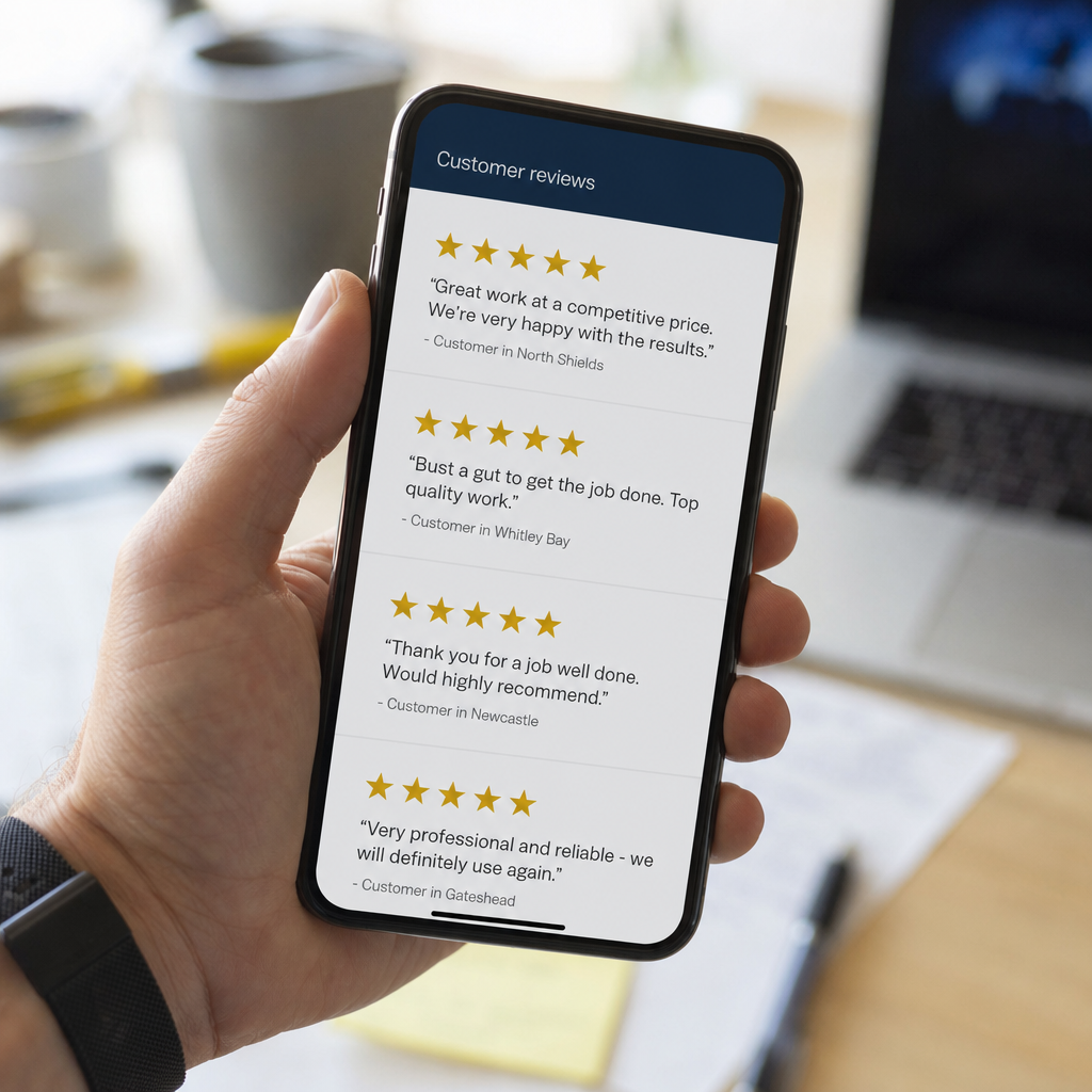 A close-up of multiple 5-star ratings on a phone screen held in someone's hand, blurred de